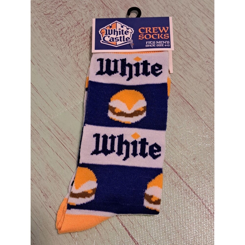 Men's Novelty Food Chain Polyester Crew Socks One Pair White Castle Fits 6 - 12